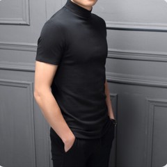 Mens High Neck T Shirt Stretch Turtle Casual Short Sleeve Slim Top