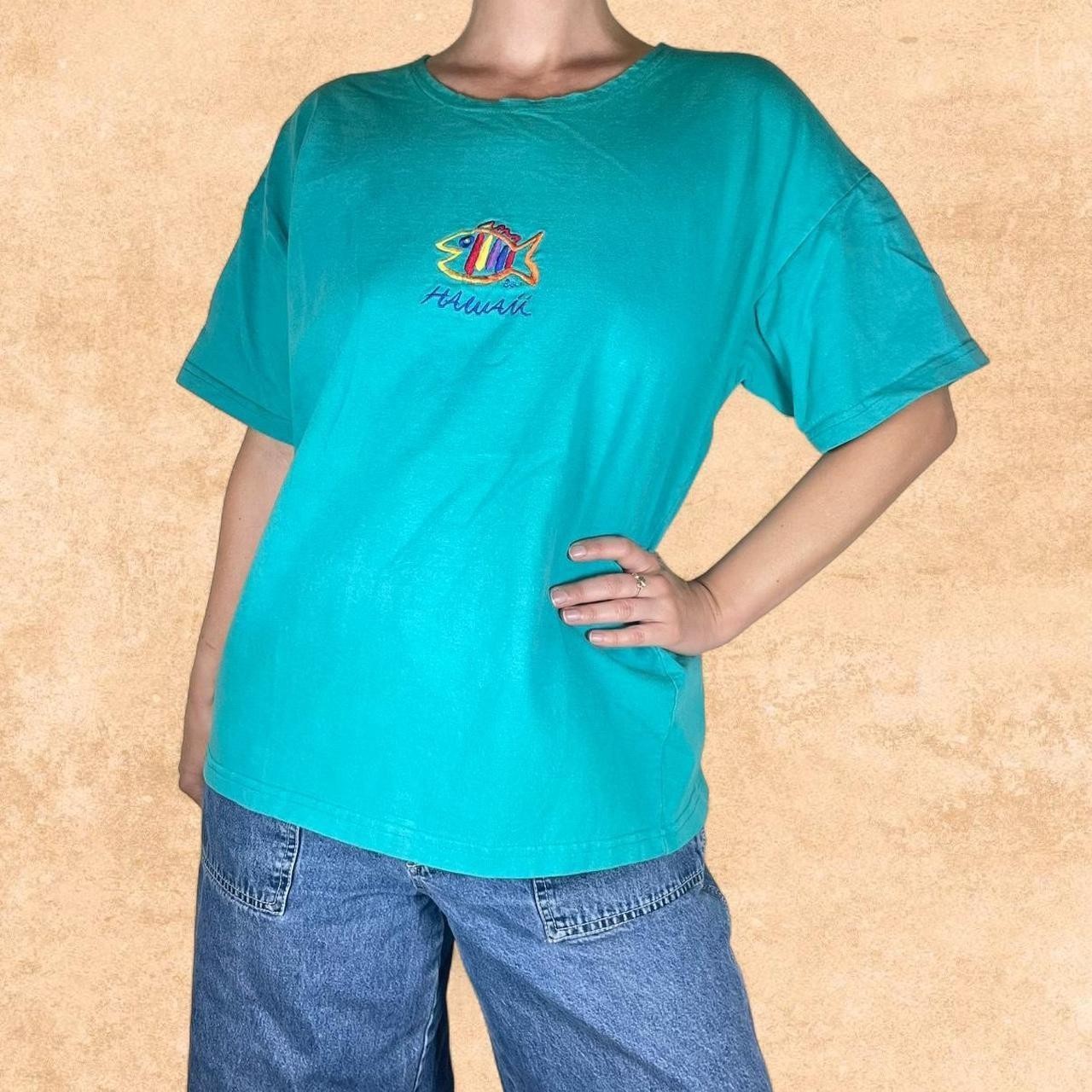 Vintage 90s Hawaii Embroidered T-Shirt Teal Fish Graphic Beach Made in USA XL gallery