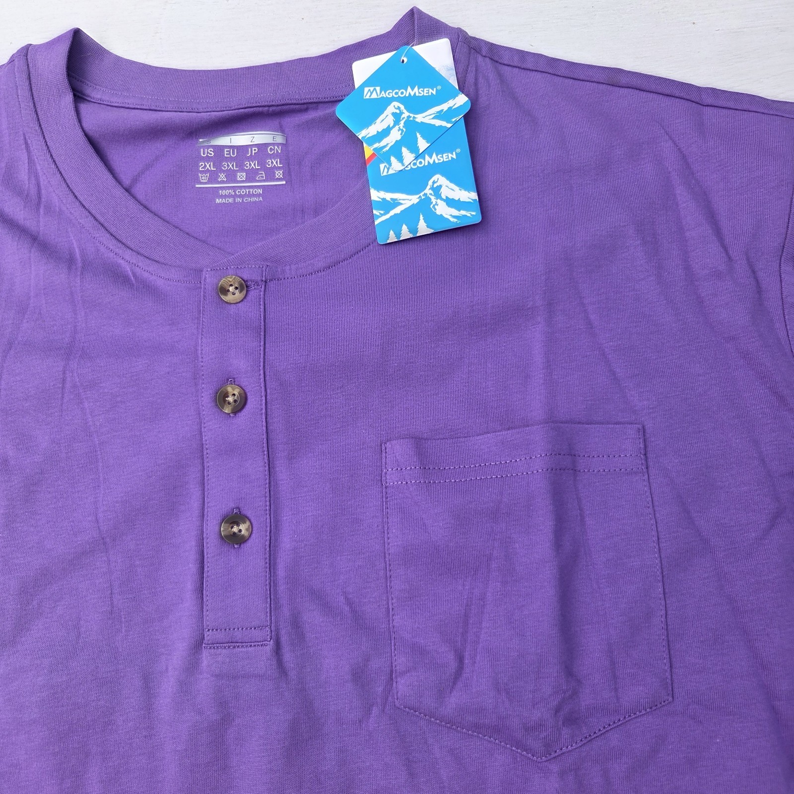 MAGCOMSEN Men's 2XL T Shirt Henley Short Sleeve Pocket Tee Purple EUC gallery