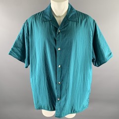 JIL SANDER Size XL Teal Polyamide Silk Camp Short Sleeve Shirt