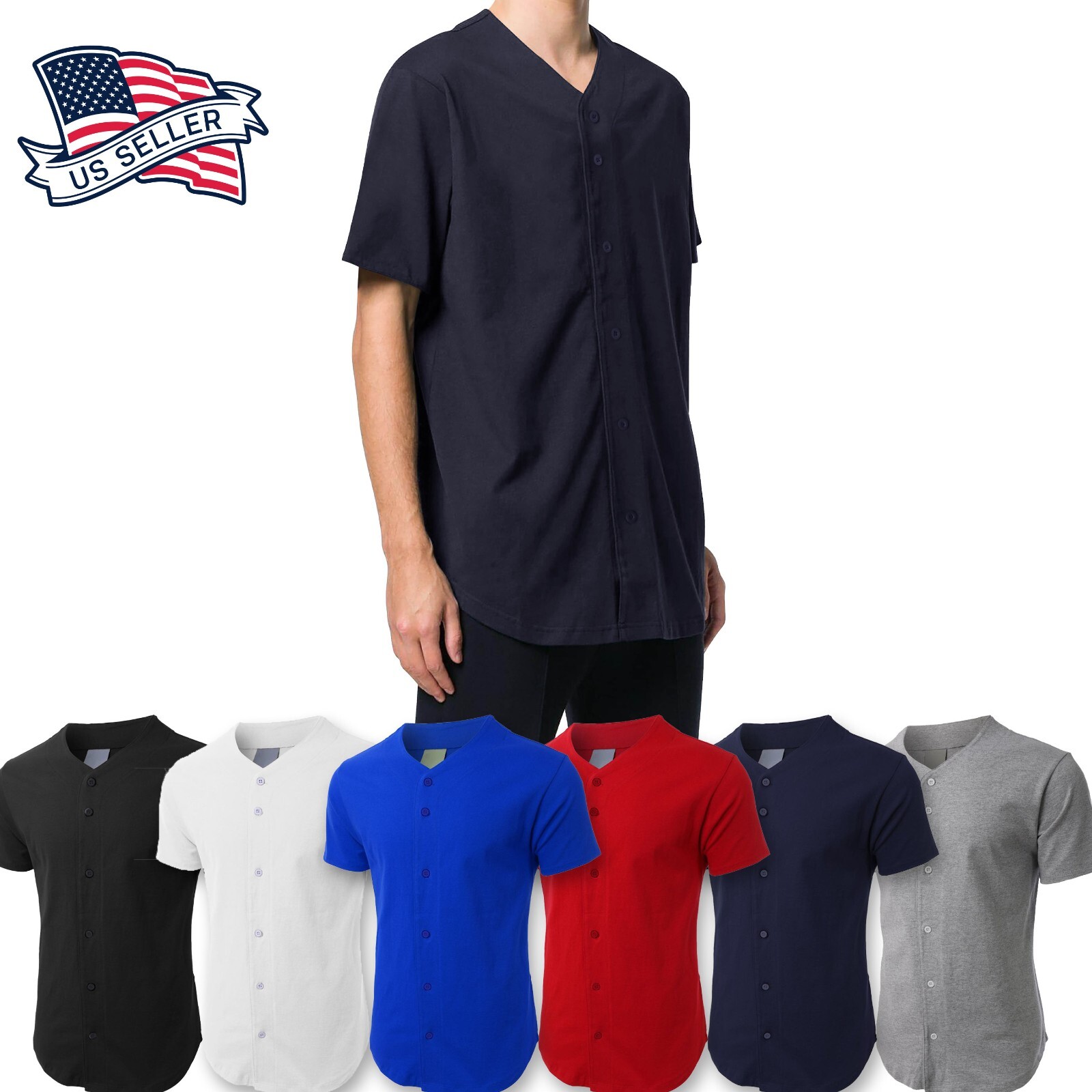 Mens Baseball Jersey Raglan Plain T Shirt Team Solid Button Cotton Basic Print