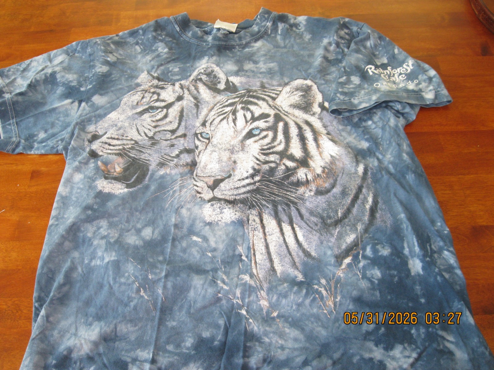 Vintage 90s Rainforest Cafe Crew Neck White Tiger Tie Dye Tee T-Shirt Blue LG