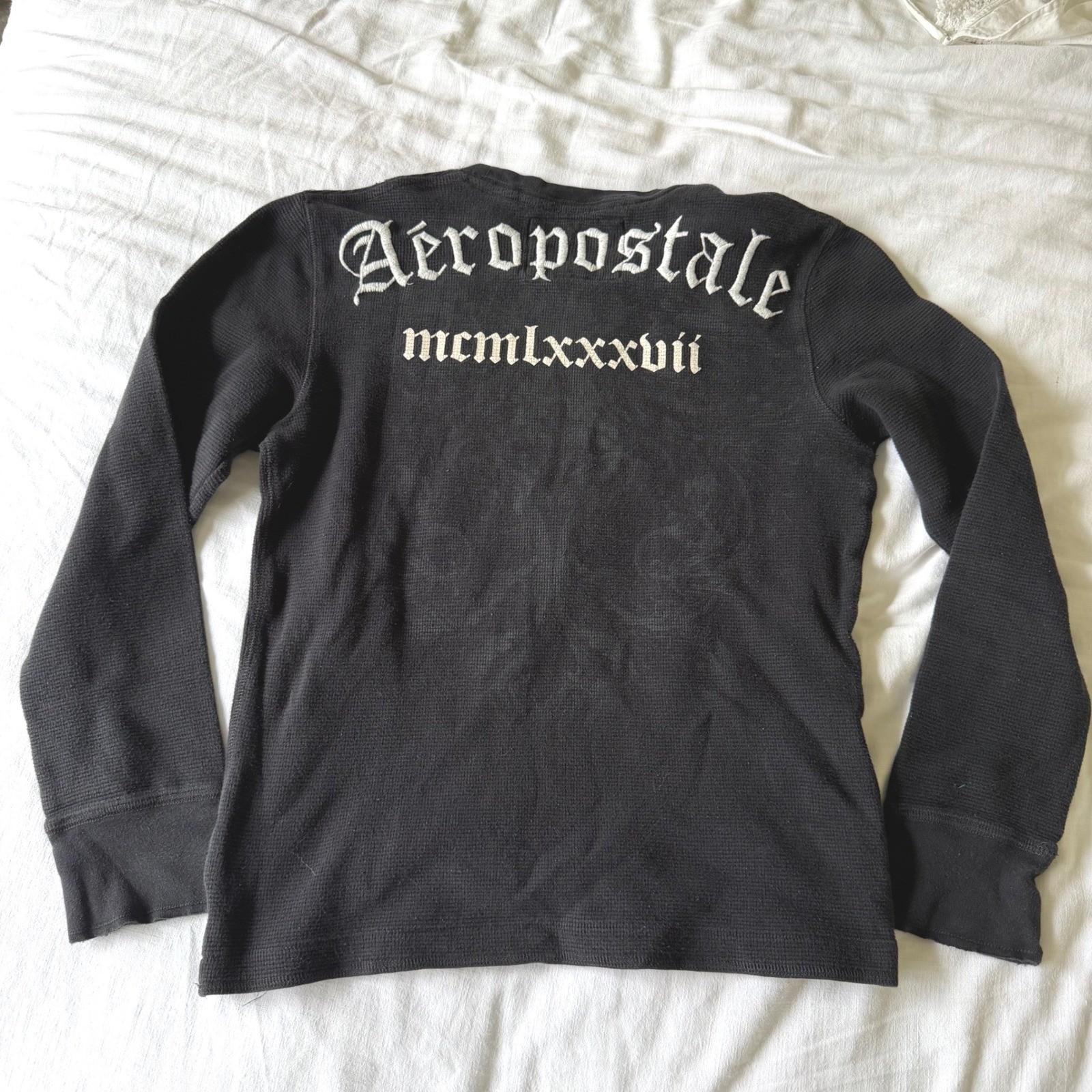Y2K Aeropostale Black Waffle Knit Thermal Shirt Gothic Logo Biker Medium gallery