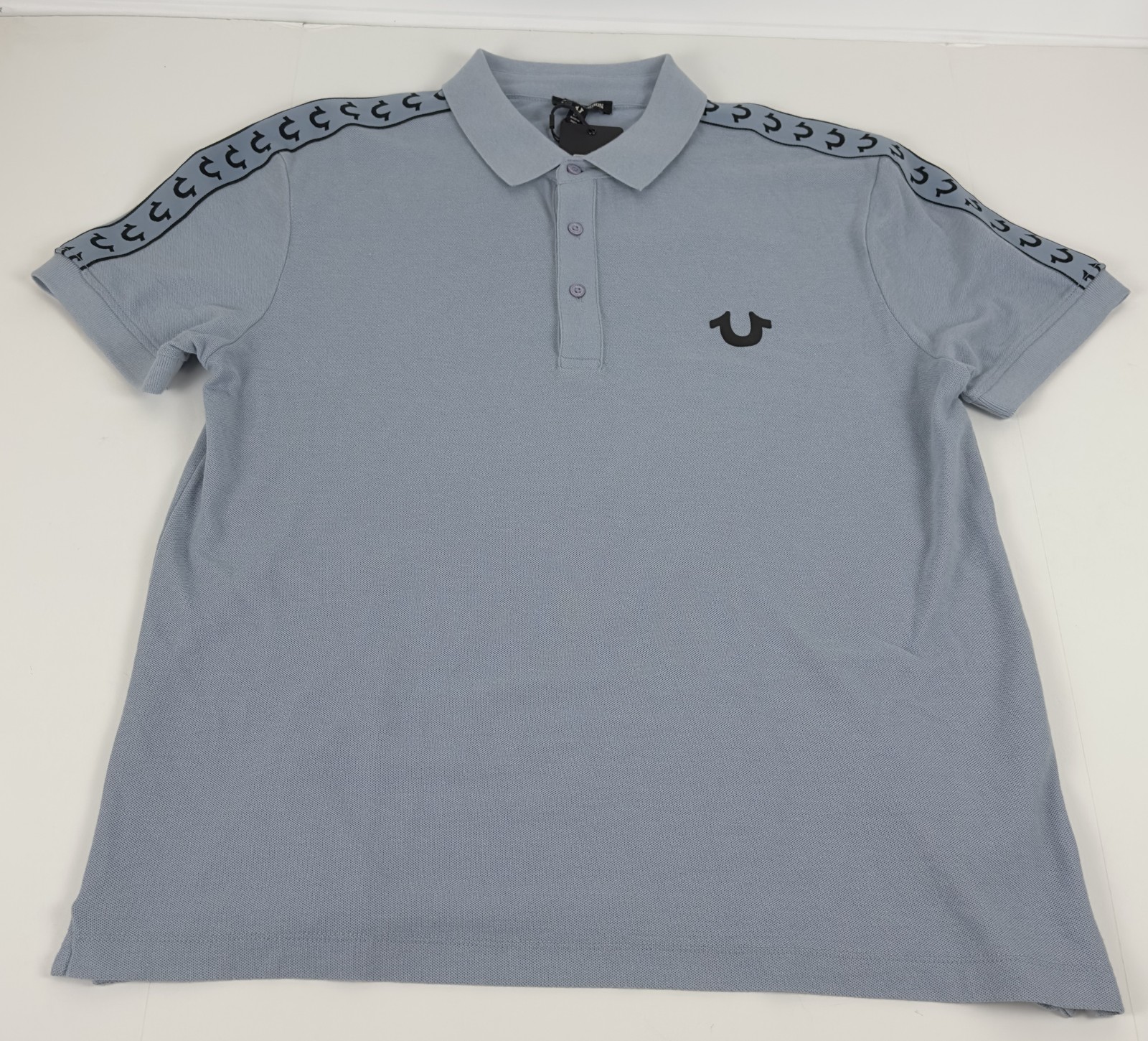 True Religion Polo Shirt Mens Small Sky Blue Logo Damask Cotton Blend Short Slve gallery