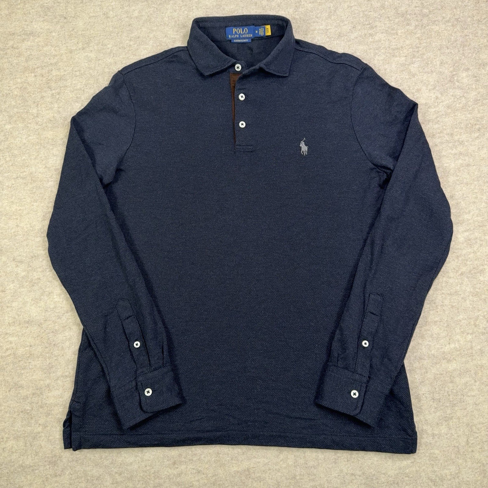 Polo Ralph Lauren Custom Slim Fit Herringbone Polo Long Sleeve Shirt Navy Medium gallery