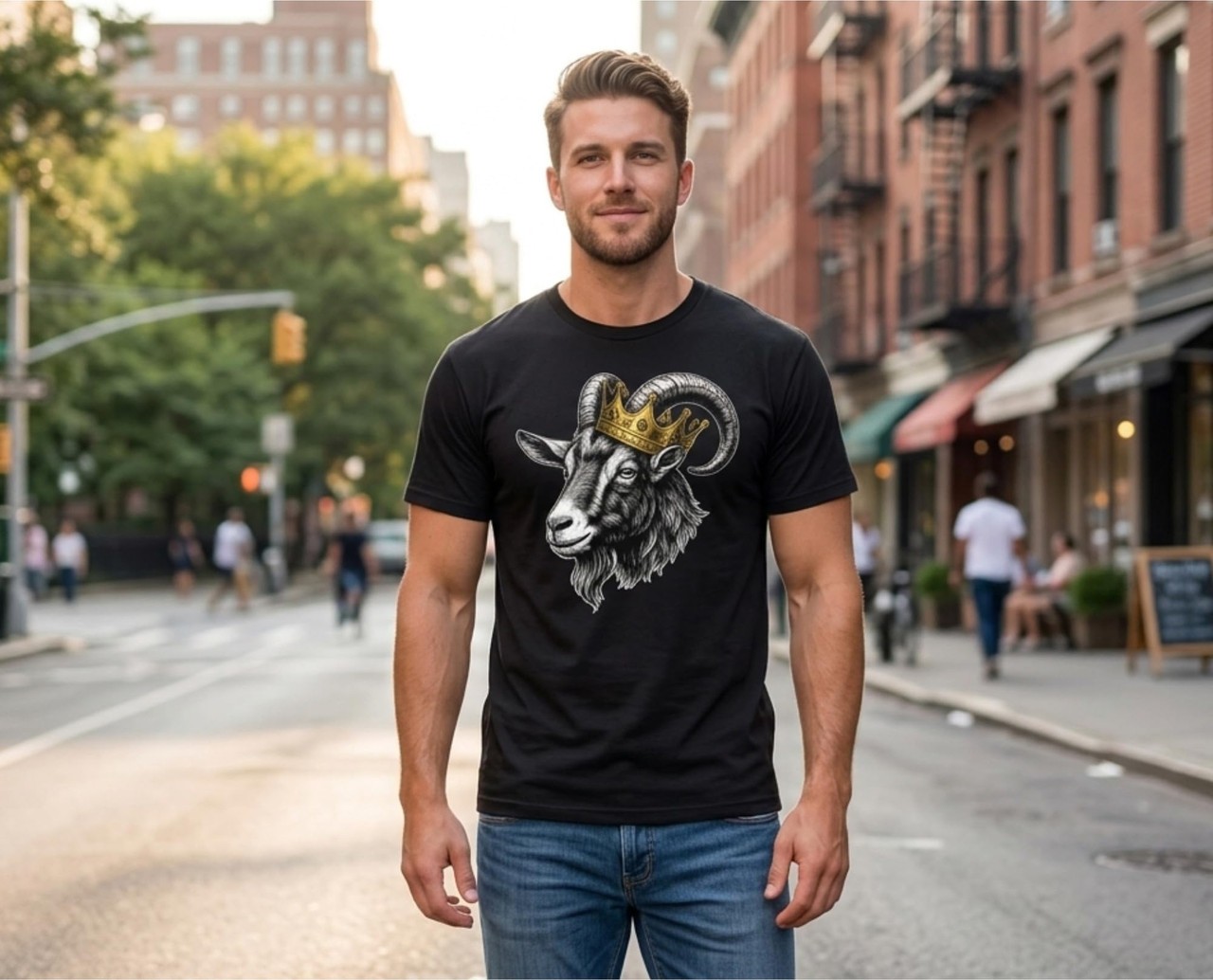Crowned Goat Head Graphic Printed T-Shirt King G.O.A.T Design 100% Cotton Tee gallery