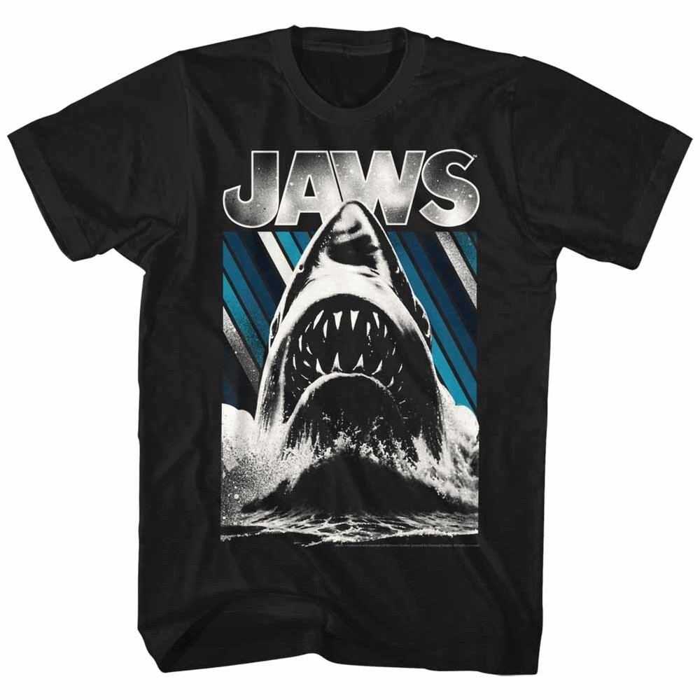 Jaws 70’s Thriller Movie Jaws Exploding Through Waves Blue Lines Men’s T Shirt