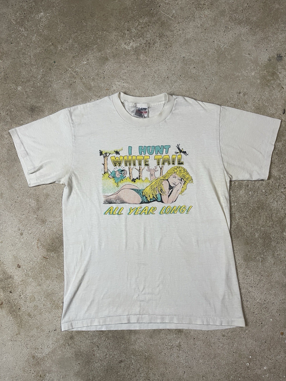 VINTAGE I HUNT WHITE TAIL ALL YEAR LONG T-SHIRT 90s PARODY HUNTING DEER FUNNY gallery