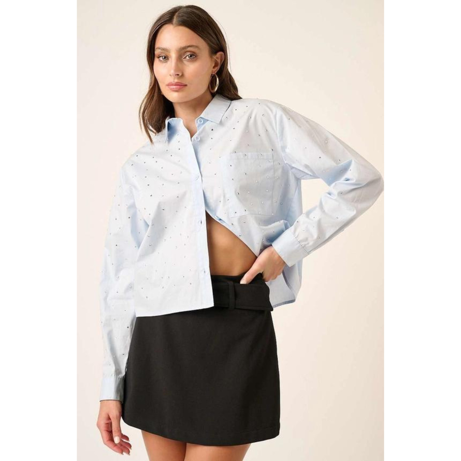 Light Blue Embroidered Polka Dot Blouse Button Down Long Sleeve Size L gallery