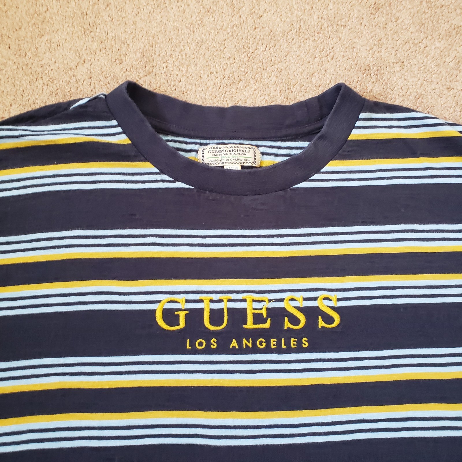 Vintage 90s Guess Embroidered Striped Size Large Mens Multicolored T-Shirt LA gallery