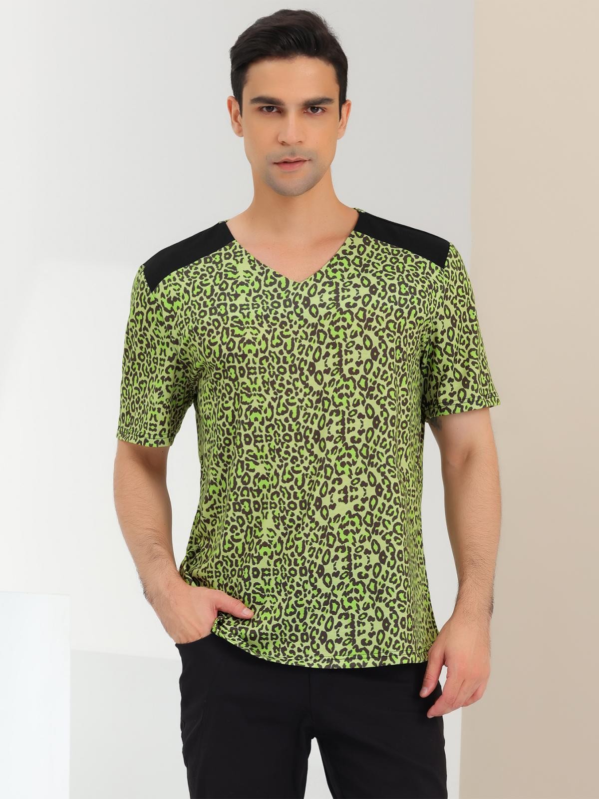 Men's V Neck Animal Print Short Sleeves T-Shirt Tops Green Black S gallery