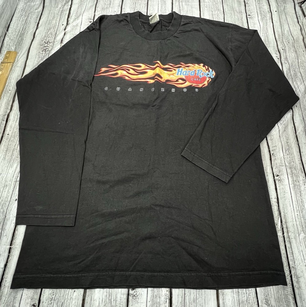 Guangzhou Hard Rock Cafe Large Flame Graphic Black Long Sleeve Shirt Men SEE PIC