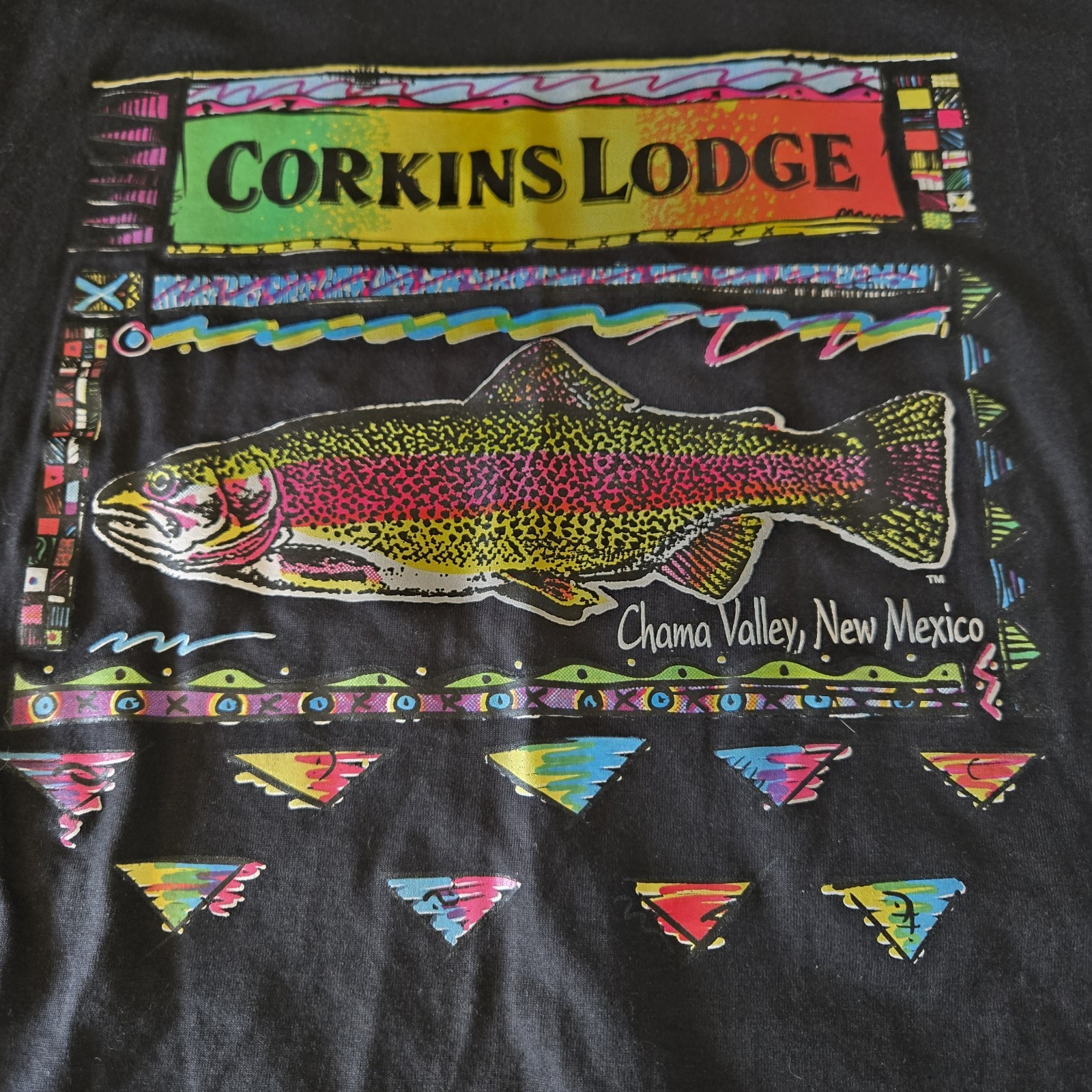 Vintage Trout Fly Fishing Rainbow Fish Angler Tee Corkins Lodge, Chama NM L gallery