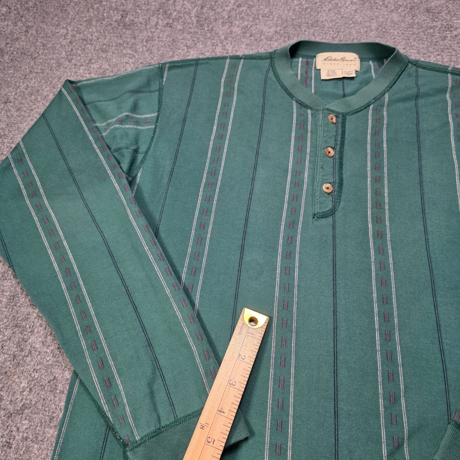 Eddie Bauer Men's Medium Tall Henley Shirt Long Sleeve Green Striped 100% gallery