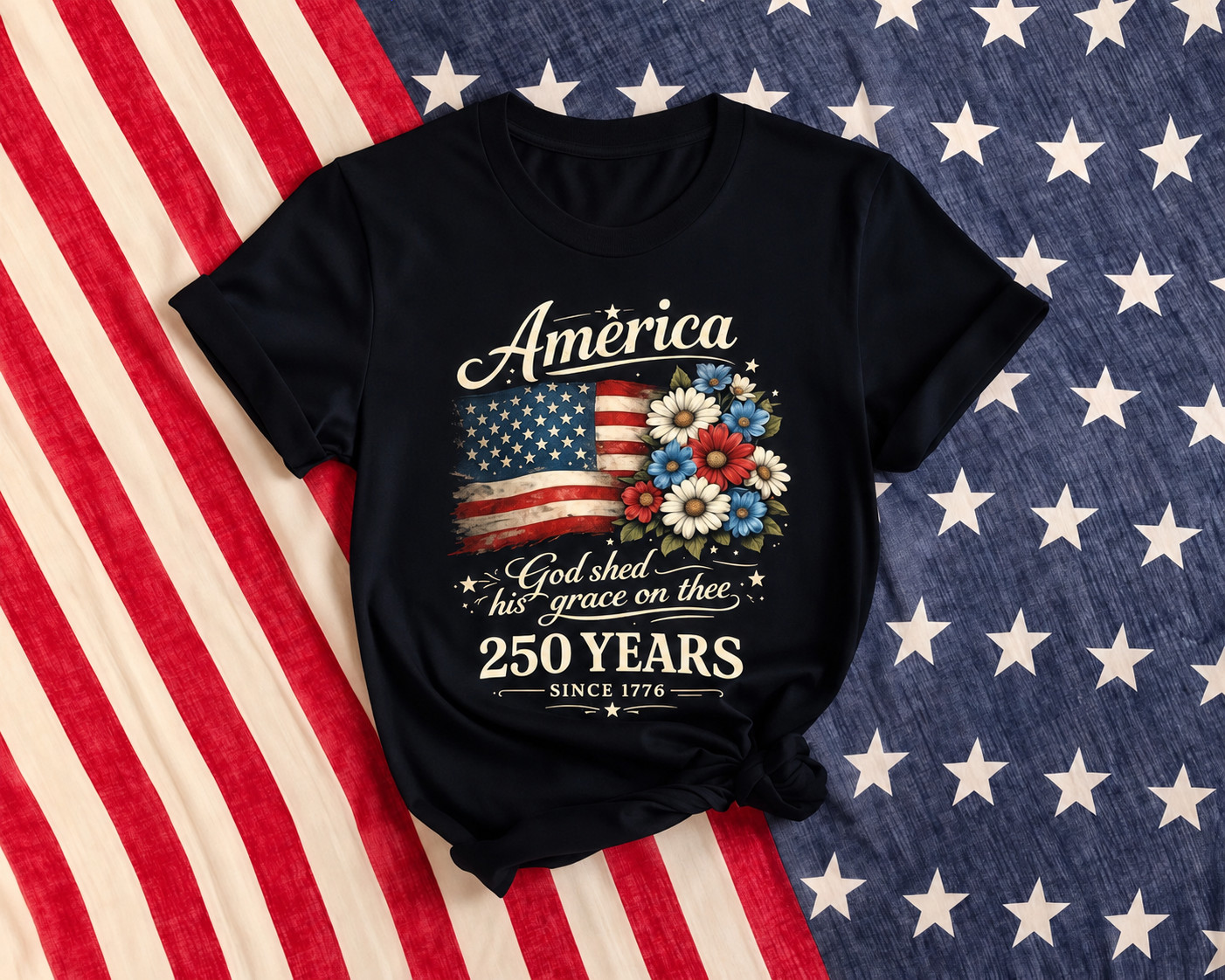 USA 250th Anniversary Floral Flag Tee – Patriotic Independence Day Shirt gallery
