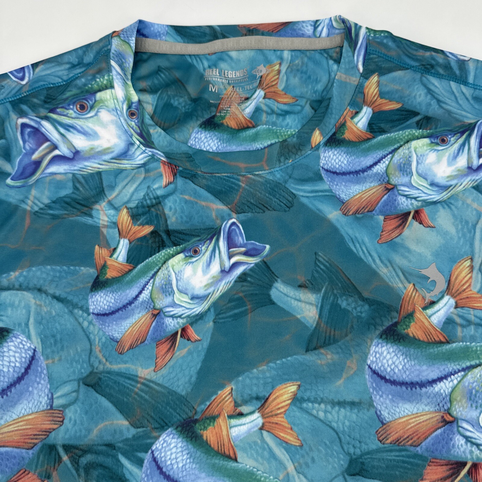 Reel Legends Shirt Mens Medium Aqua Reel Tec Performance Snook Fishing AOP gallery