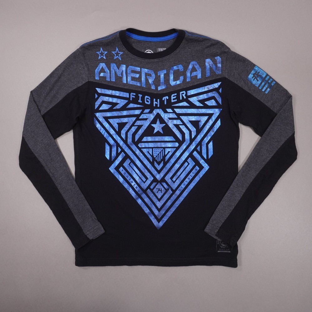 American Fighter Shiny Blue Graphic Long Sleeve T Shirt Mens Small Gray Black