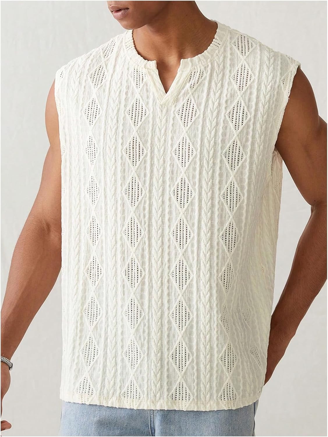 Men's Hollow Out Notch V Neck Tank Top Textured Sleeveless Summer Shirt Breathab gallery