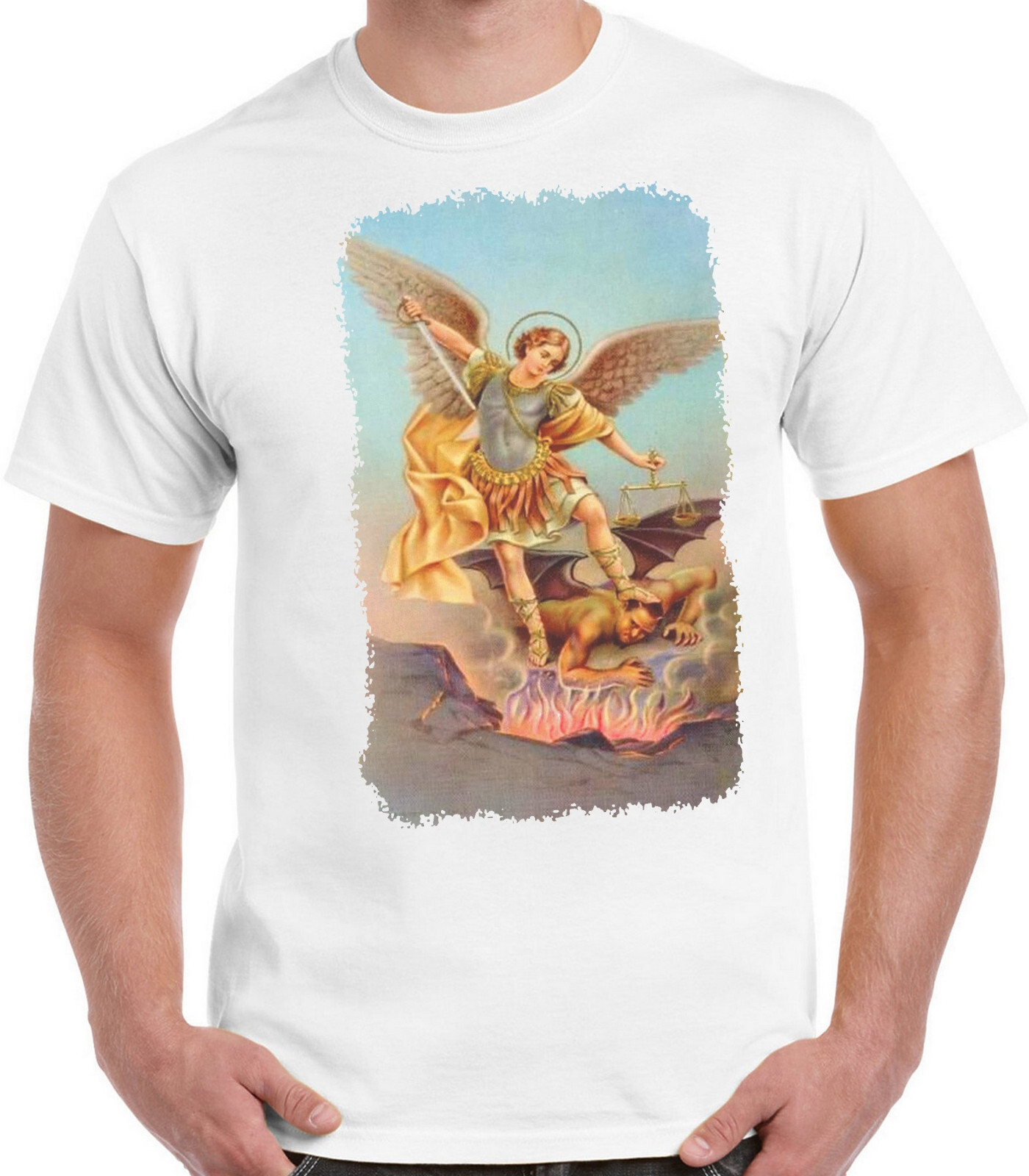 St. Michel the Archangel cast out Satan T-shirt.Ash, Khaki, White,Yellow. S-XXXL gallery