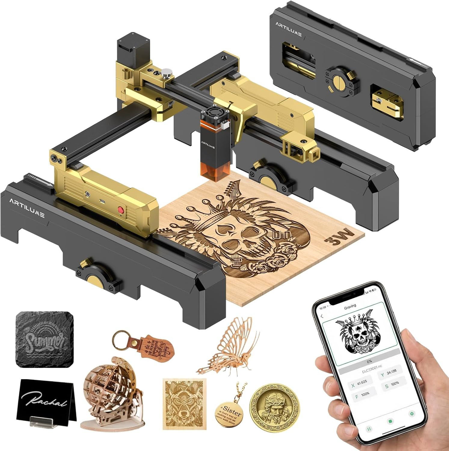 T1 Foldable Laser Engraver 3000Mw with APP Control, Riser & Protective Casing, P