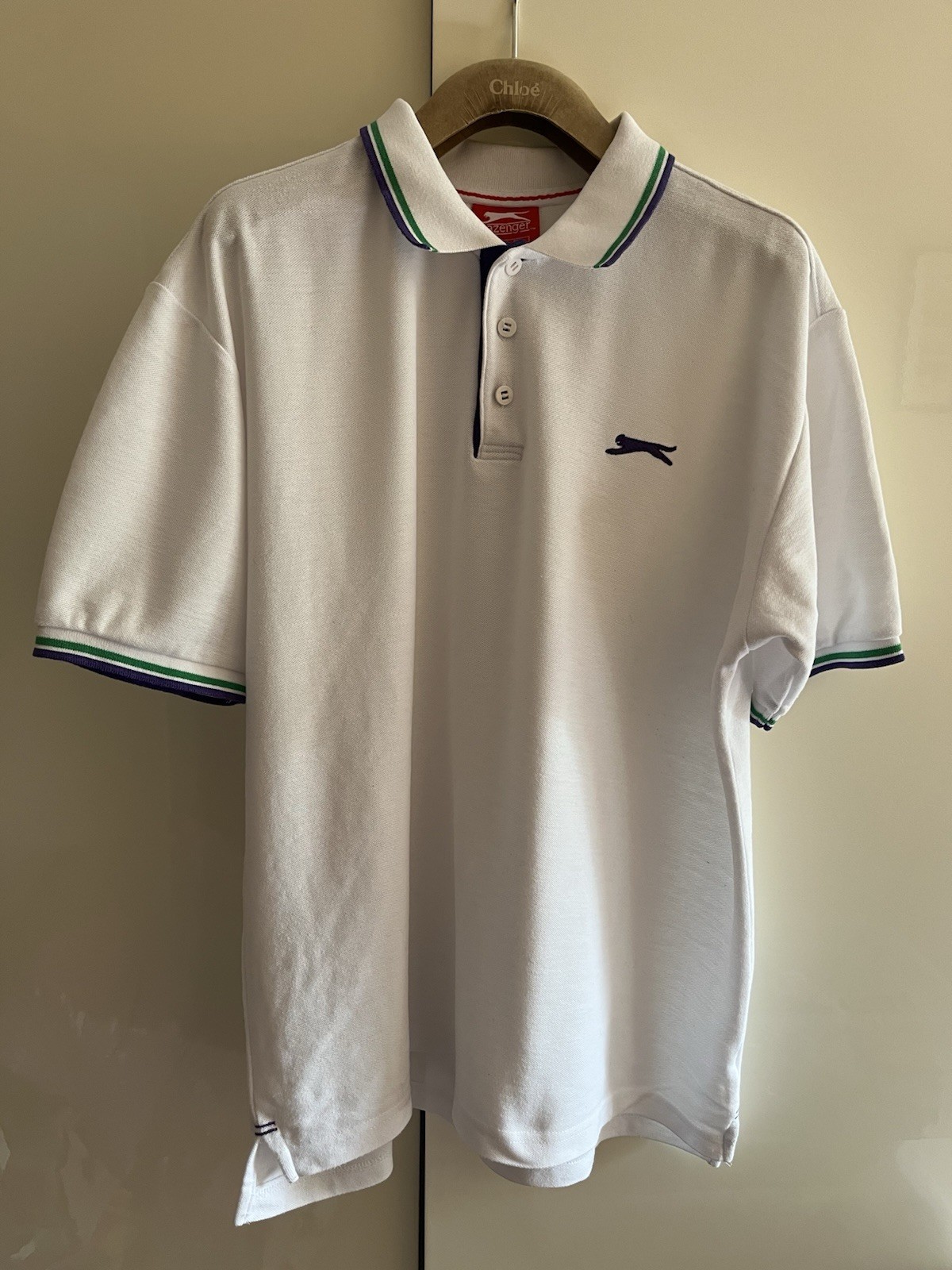 SLAZENGER Men’s Size L White Polo Green Purple Trim Short Sleeve Cotton T-shirt