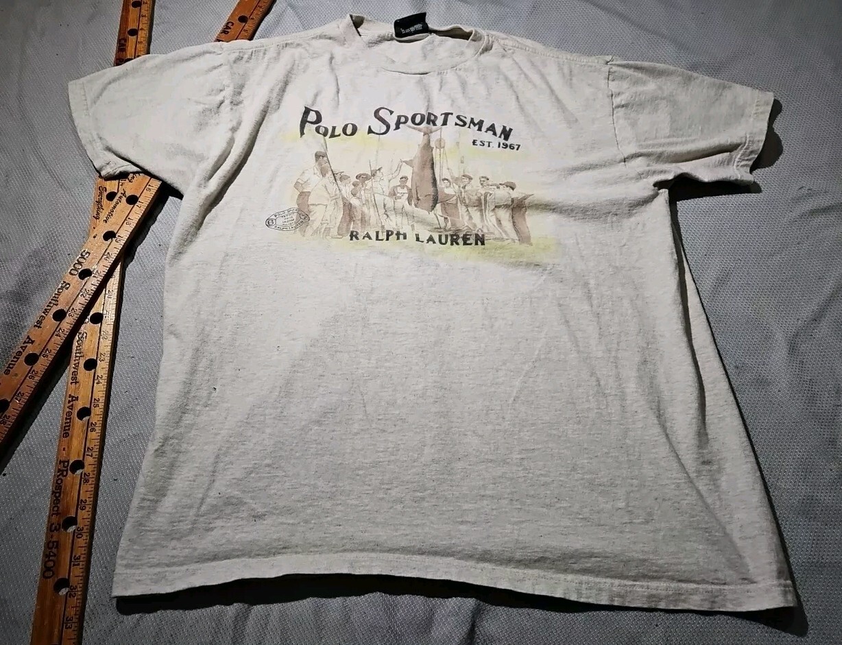 Vtg Polo Sport Shirt Mens Large Beige Sportsman Fishing Preppy Graphic Tee Y2k gallery