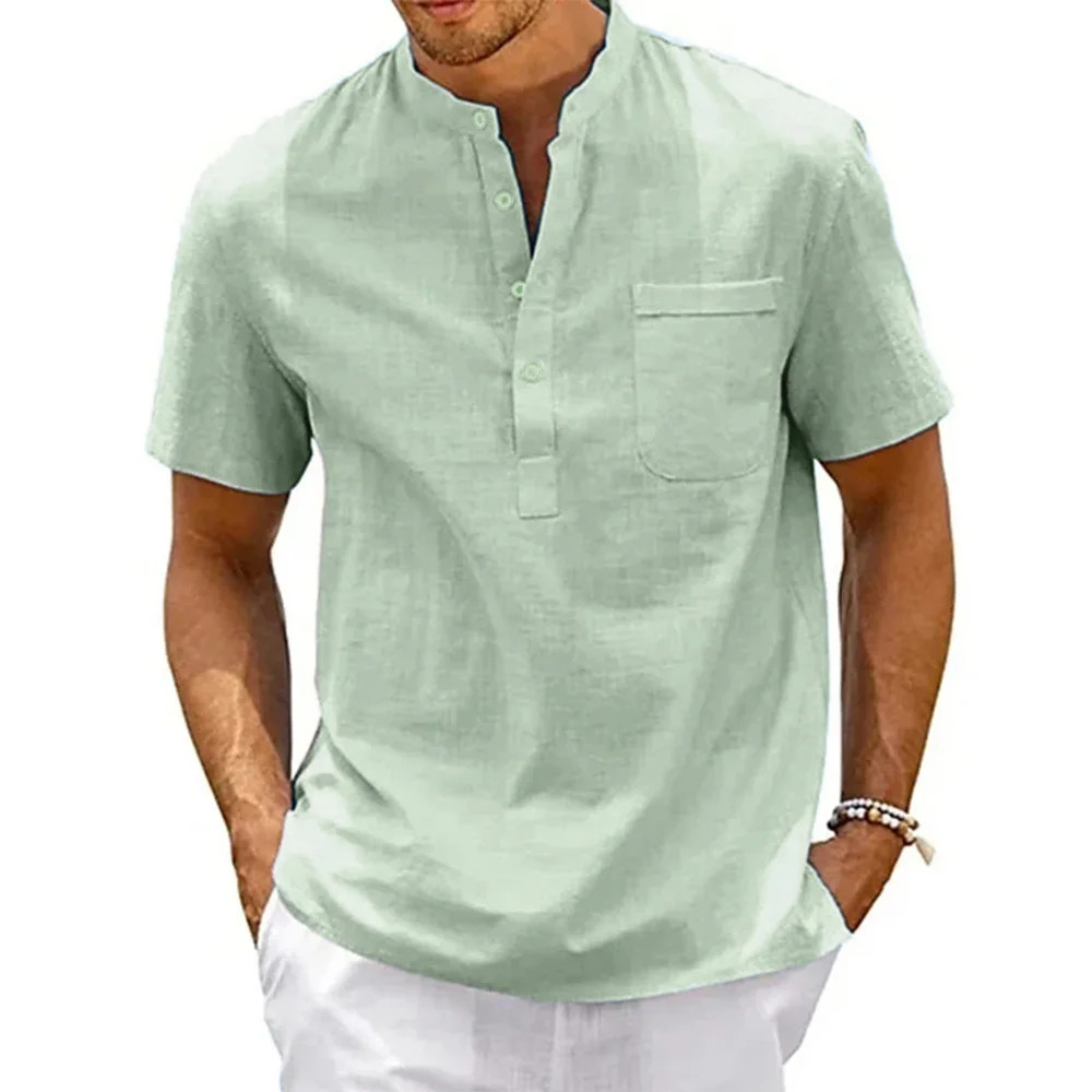 Cotton Linen Shirt Men Henley Neck Pocket Casual Beach Short Sleeve Solid Color gallery