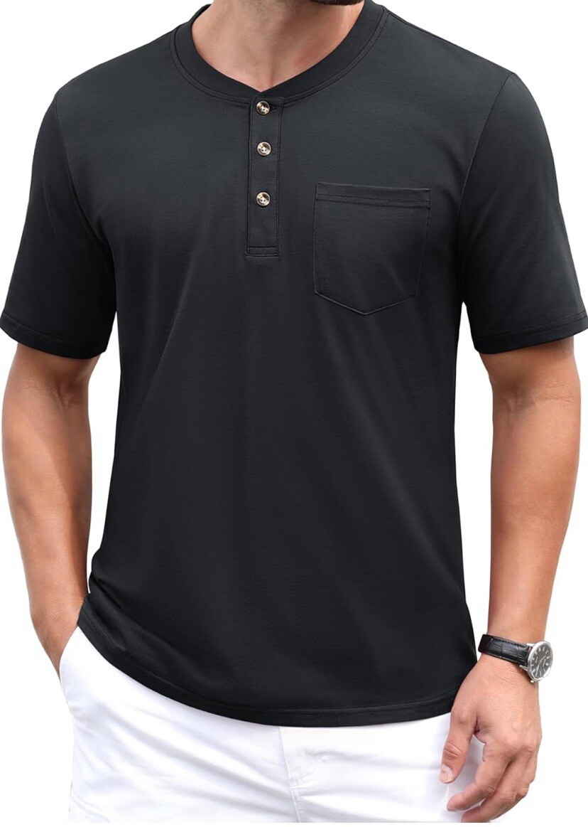 MAGCOMSEN Men's Henley Shirts Short Sleeve Pocket Tee Shirts Black Size S gallery