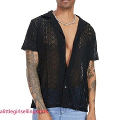 Men’s See Through Button Down Shirt Short Sleeve Sexy Undershirts Tee Tops