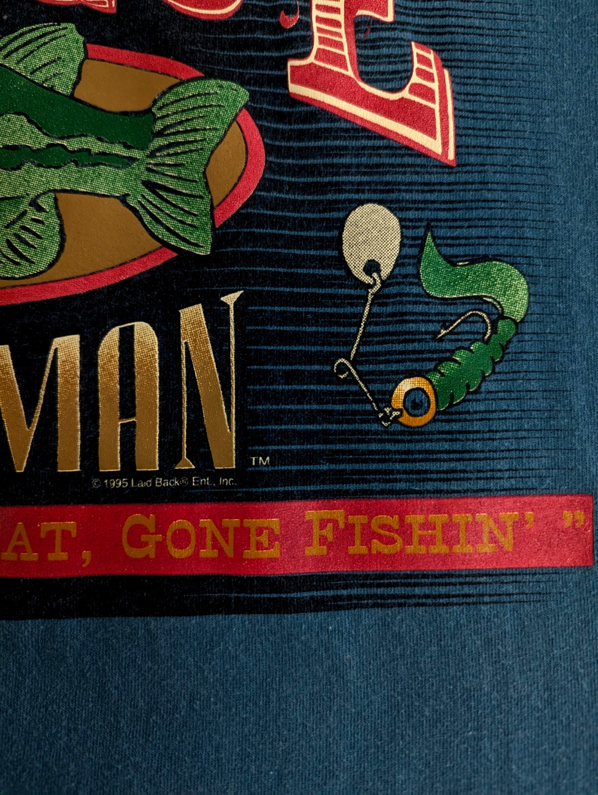 Vintage Antique Fisherman Shirt Sz Large Blue Single Stitch Laid Back Humor 90s gallery