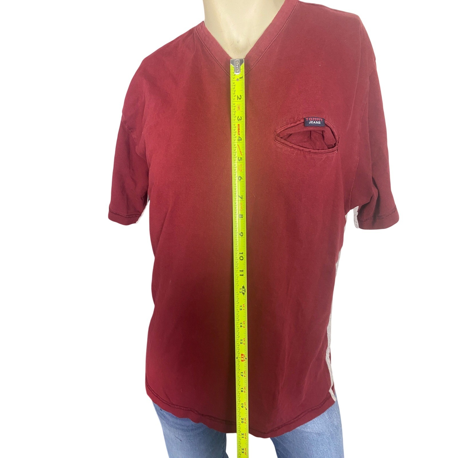 Vintage Tommy Jeans Mens Large Red V Neck Pocket T Shirt Flag Logo 90s gallery