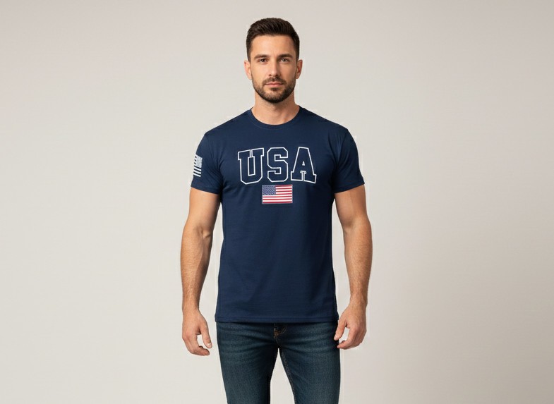 USA Flag Navy Blue T-Shirt - Patriotic American College Style Tee gallery