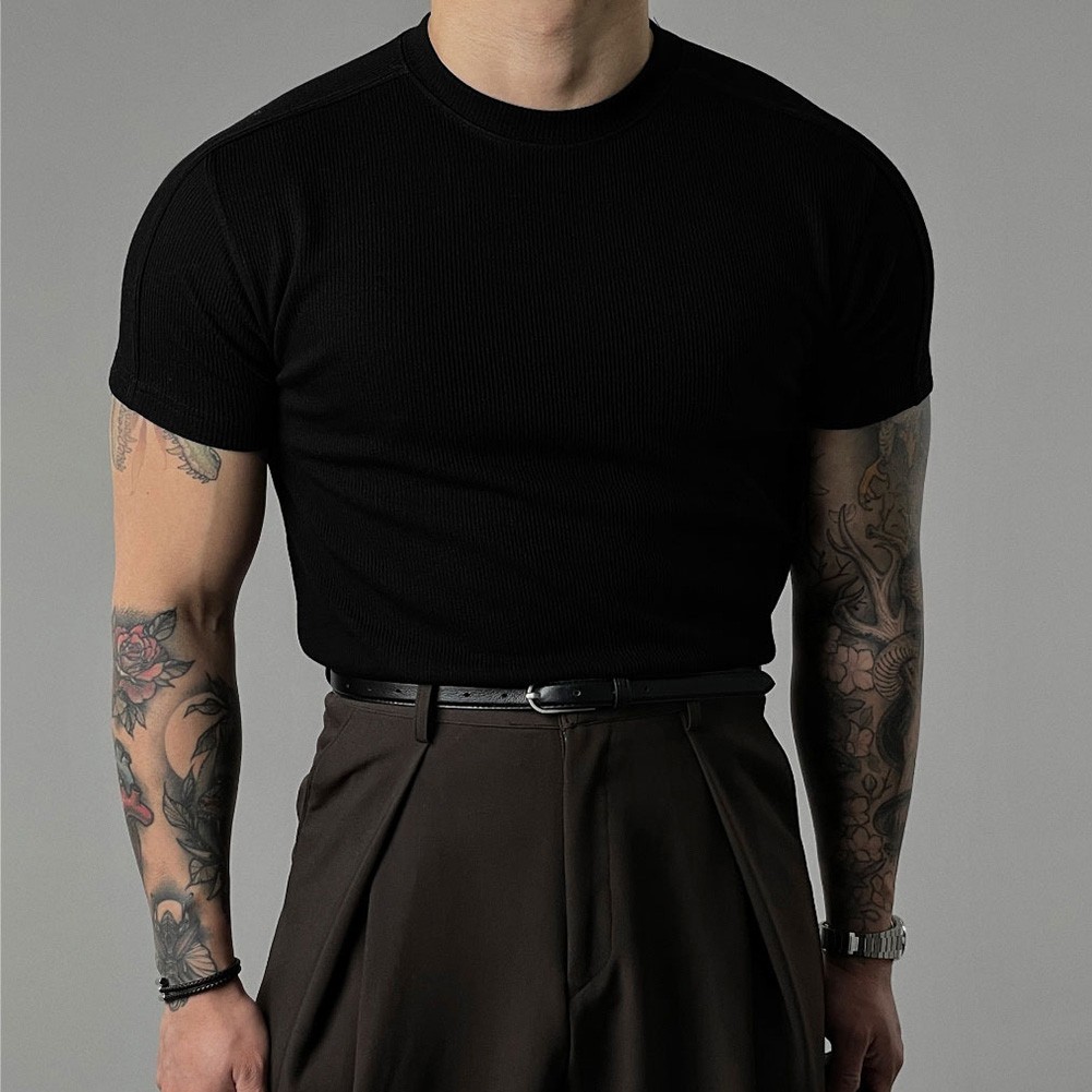 Men's Athletic Ribbed T-Shirt Short Sleeve Small High Collar Training Wear gallery