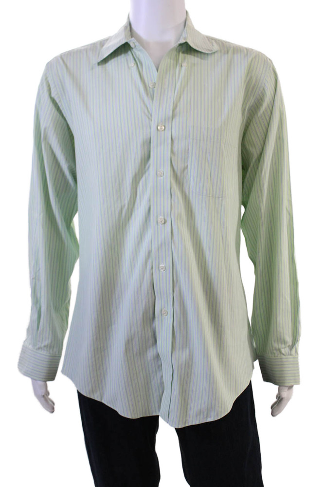 Brooks Brothers Mens Button-Down Dress Shirt Green Striped Irish Linen Size L