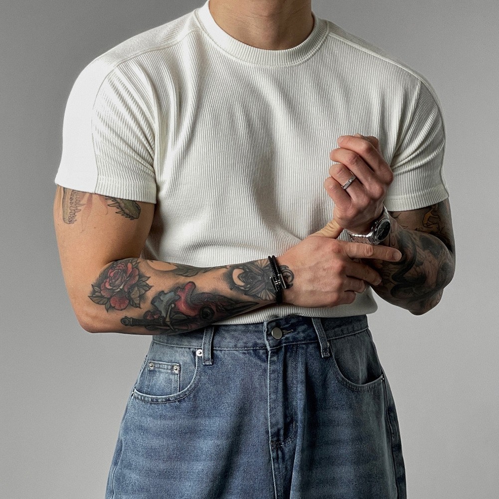 Men's Athletic Ribbed T-Shirt Short Sleeve Small High Collar Training Wear gallery