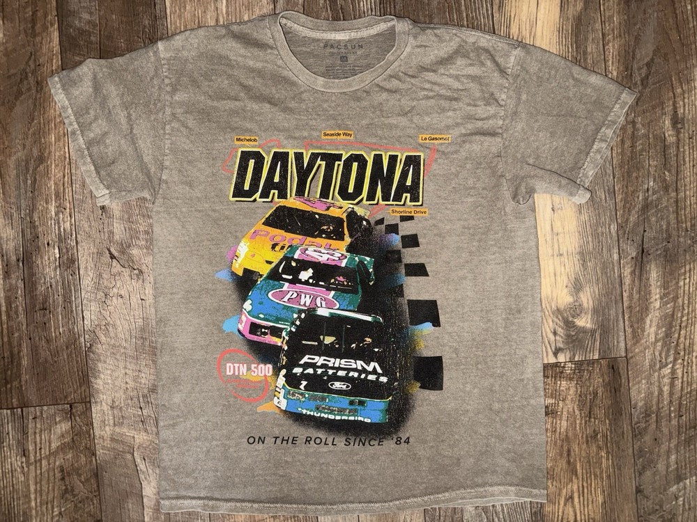 PacSun Men’s Gray Daytona Racing Graphic Logo Cotton Knit Tee Crewneck M
