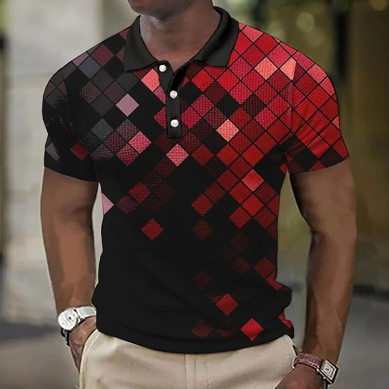 Color Geometry Pattern Polo Shirt For Men Grid Splicing 3D Print Tees Summer Ca