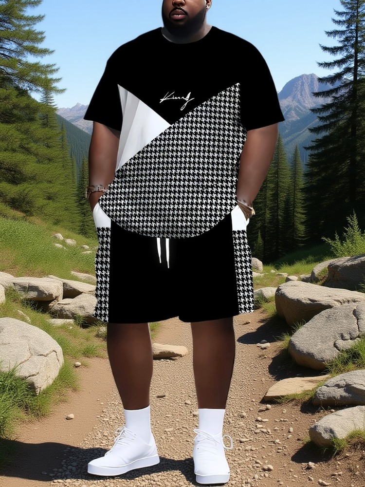 2pcs Plus Size Men’s ‘King’ Letter Print Plaid Short Sleeve T-Shirt And Drawstri