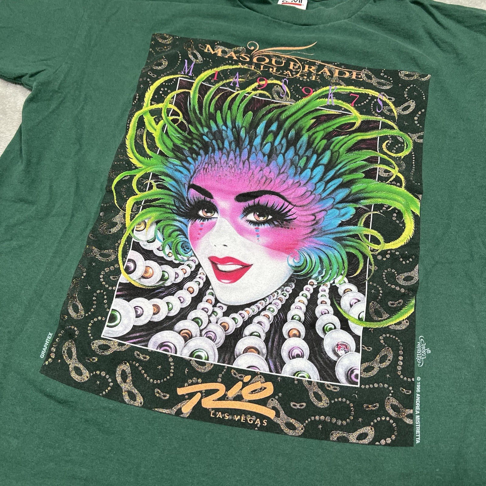 VTG Las Vegas Masquerade Tee Men L Green Single Stitch 1996 Andrea Mistretta Rio gallery