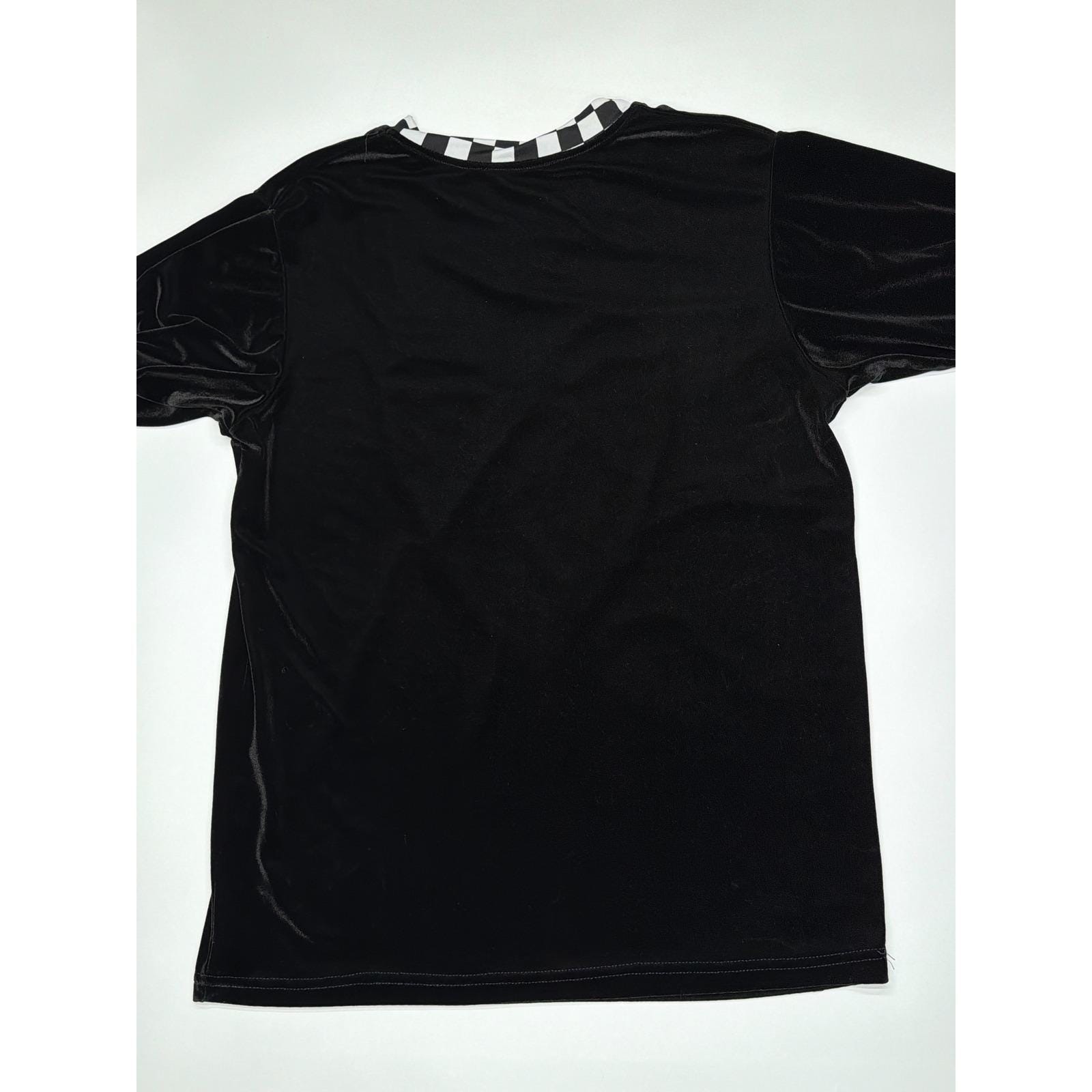 Mens Black Velvet Long Sleeve V Neck Shirt Red Sequin Heart Checkerboard Trim M gallery