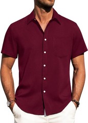 Men’s Linen Shirt Short Sleeve Button Down Wrinkle Free Casual Summer Beach Top