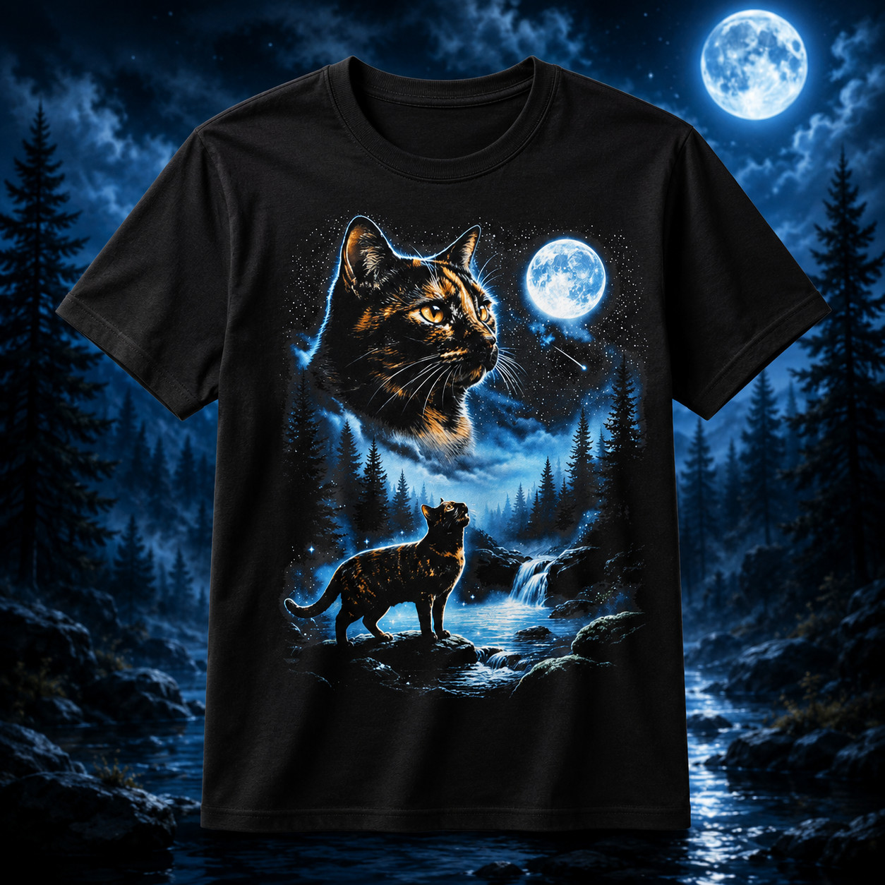 Tortoiseshell Cat Howling at Moon 90's Retro T-Shirt gallery