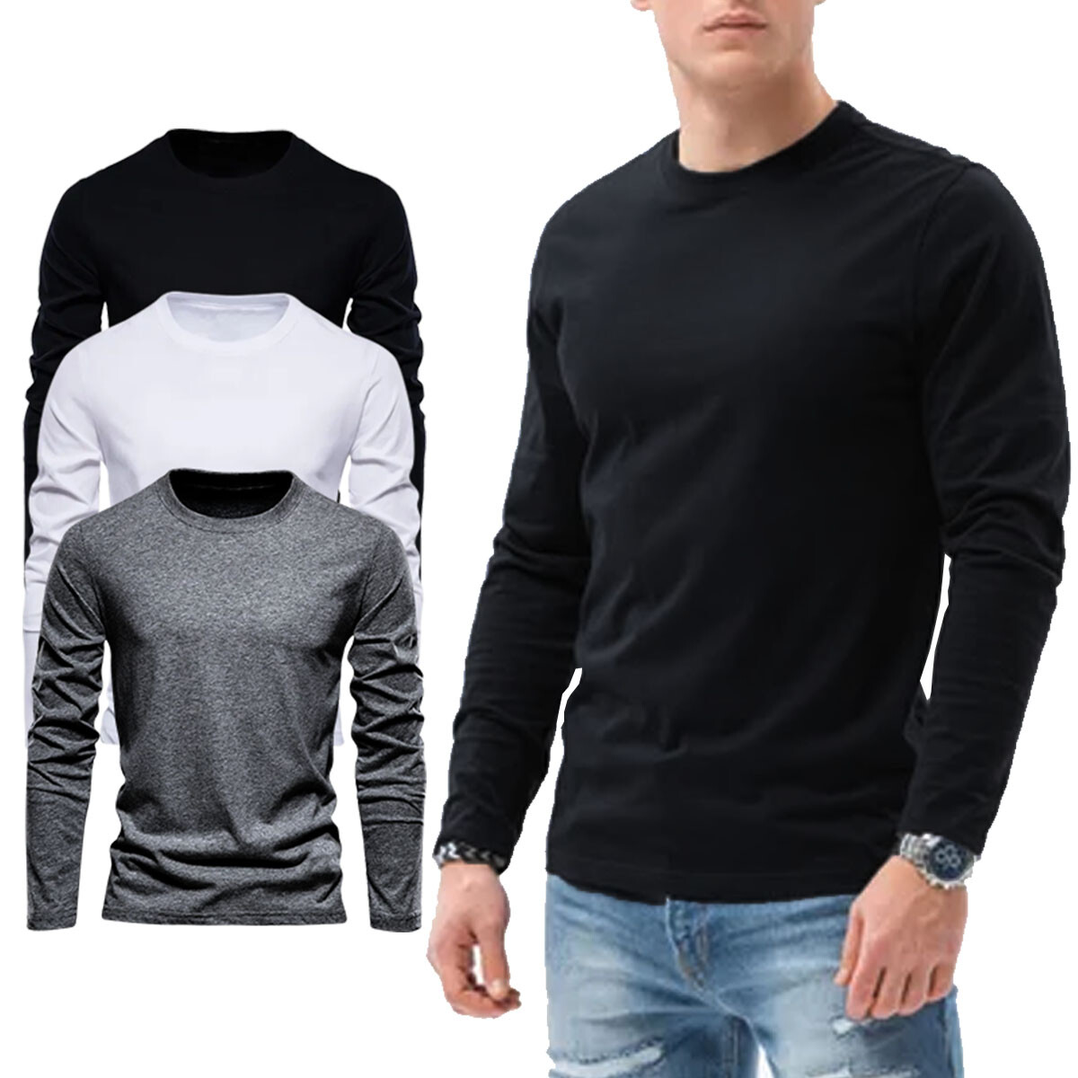 Mens Long Sleeve T shirt Plain Casual Work Pack Of 3/4 Premium Lot Tee Top gallery