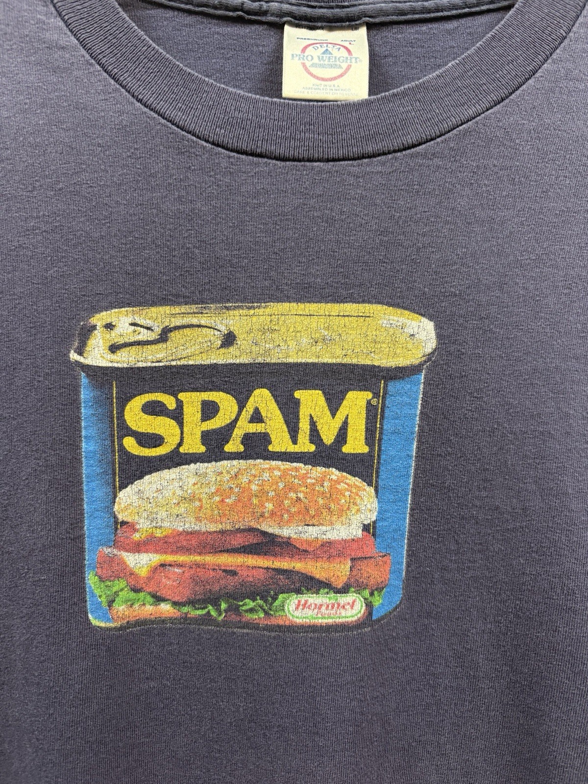 Vintage 2000s SPAM Can T-Shirt Size Large Navy Blue Formal Foods Snack Delta gallery