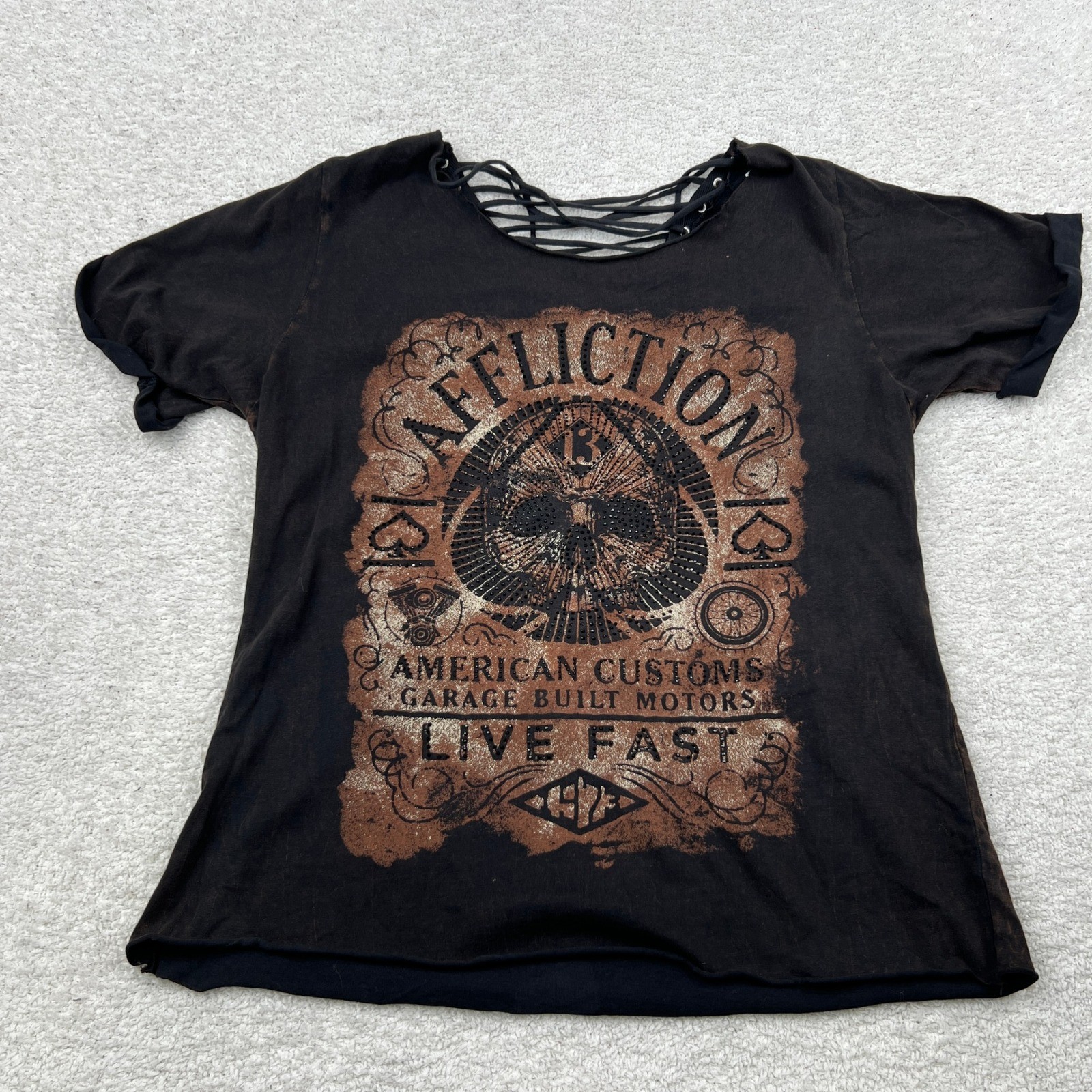 Affliction American Customs Live Fast Graphic T-Shirt Lace Up Back Black Mens M