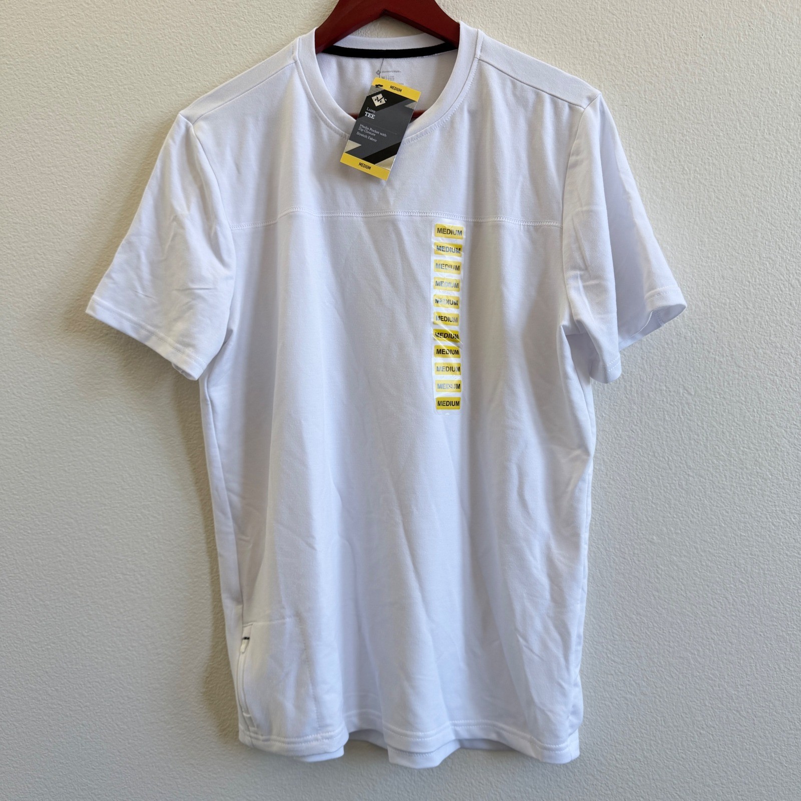 Members Mark Mens White Luxe Tee Medium Short Sleeve Zip Media Pocket NWT C21102 gallery