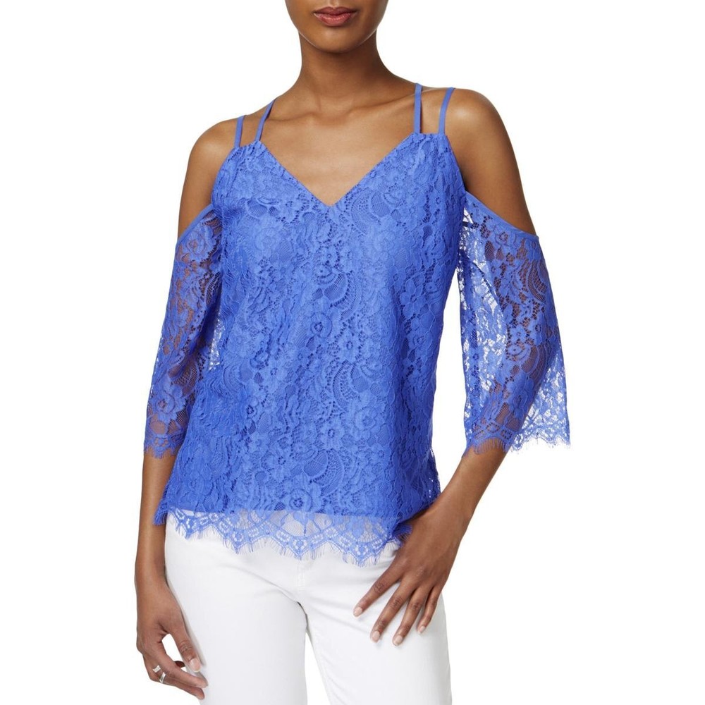 Bar III Womens Cold Shoulder Lace Pullover Top Blue L