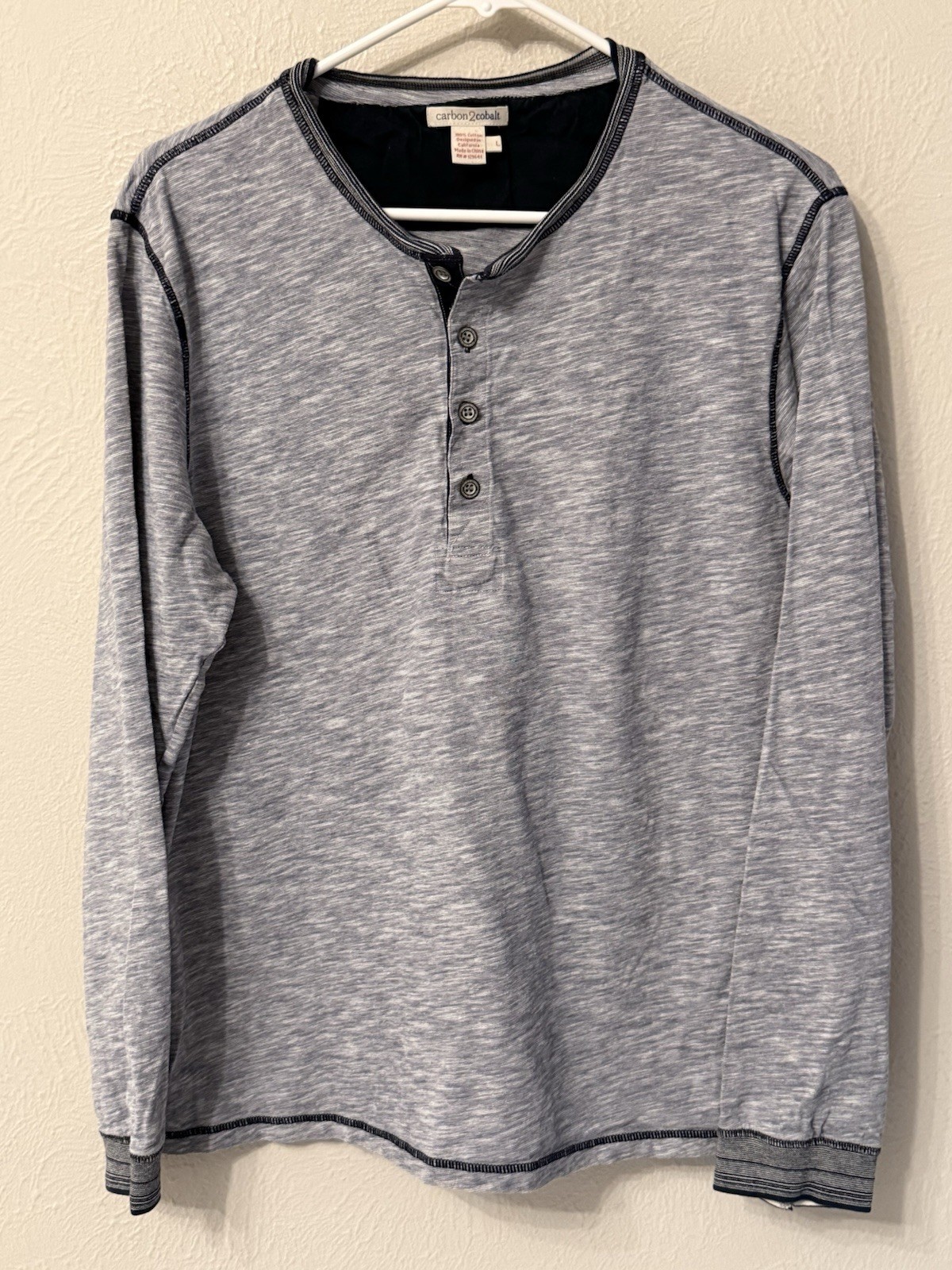 Carbon 2 Cobalt Henley men’s L heather blue cotton long sleeve