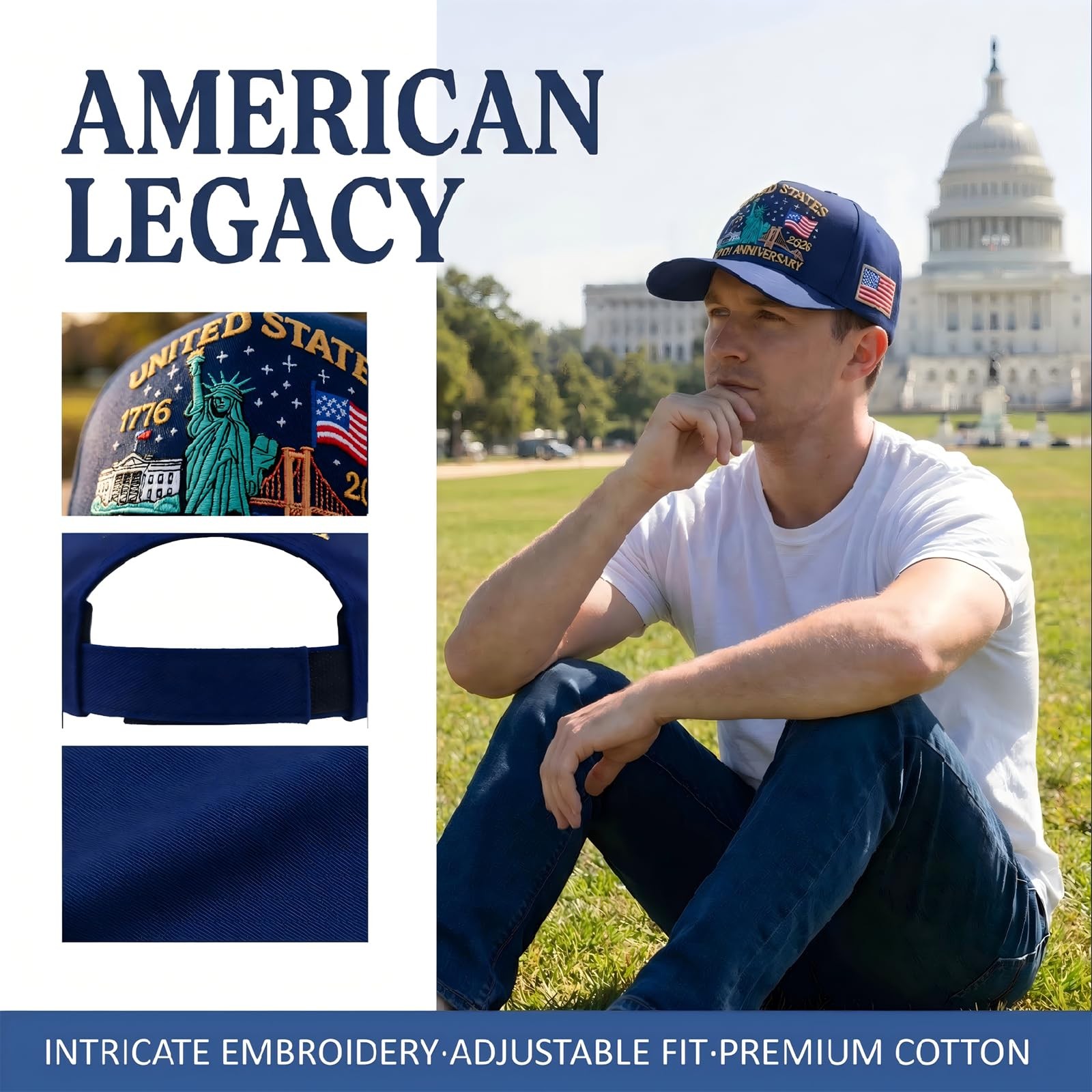 250th Anniversary USA Hat, Adjustable Embroidered Patriotic Washed Baseball C... gallery