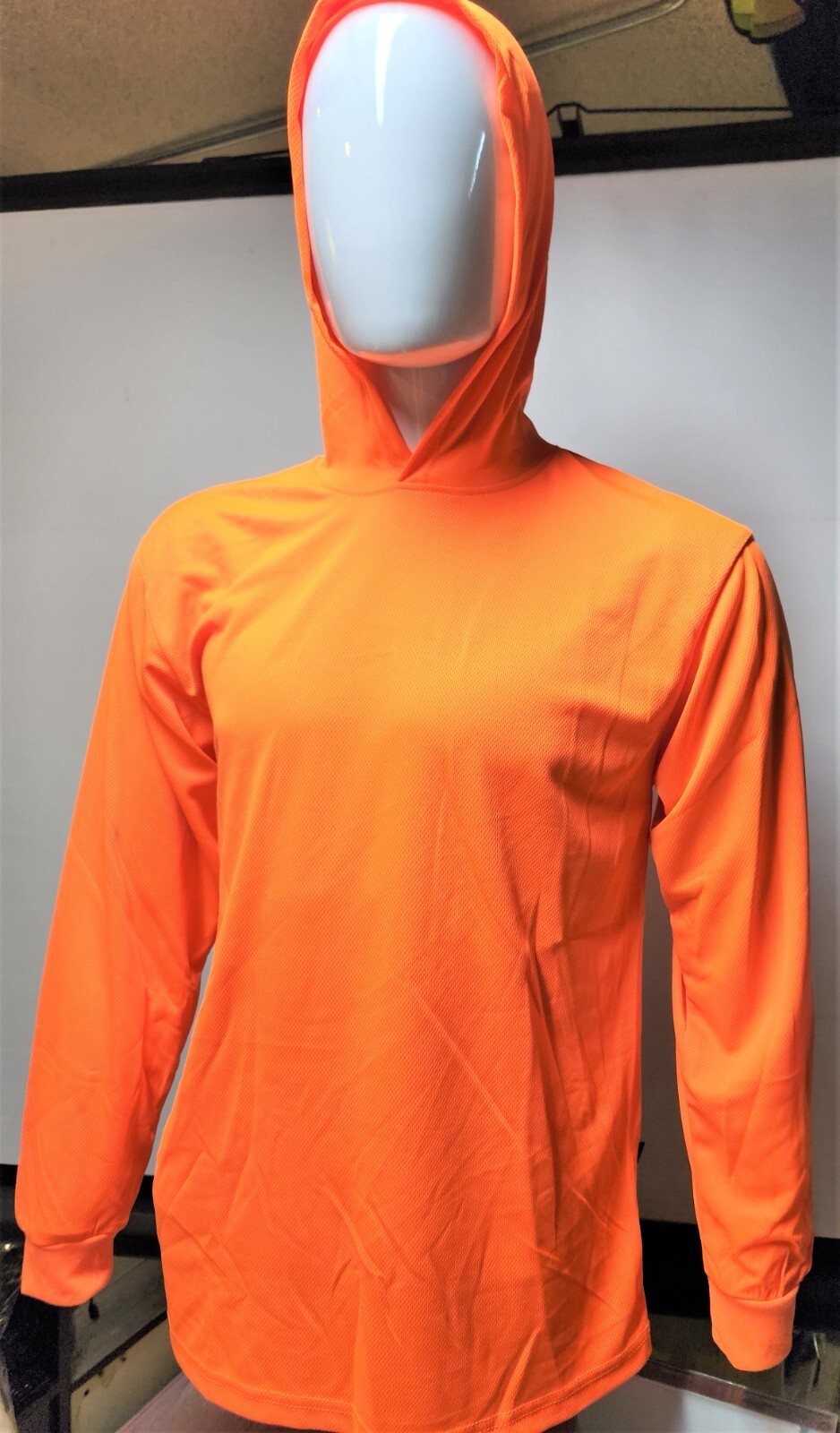 Safety Orange Long Sleeve Shirt With Hoodie, Polyester birdeye mesh fabric gallery